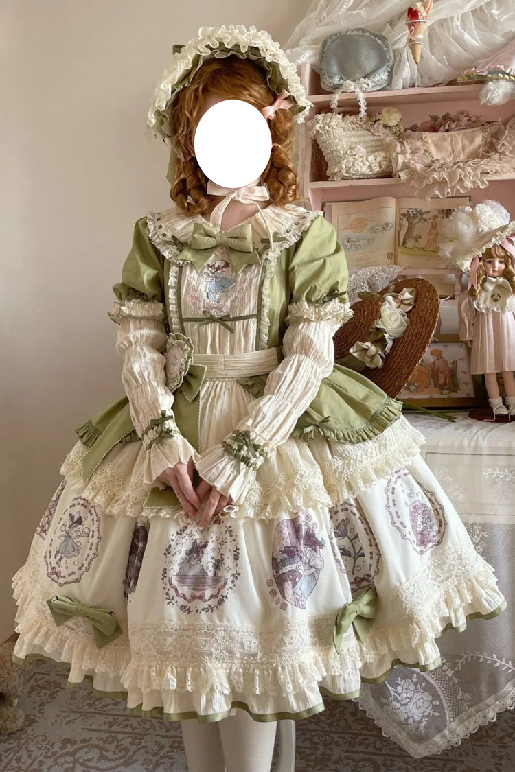 Green [Little Ida's Flowers] Short Sleeves Print Ruffle Bowknot Sweet Lolita Dress - Product - 2