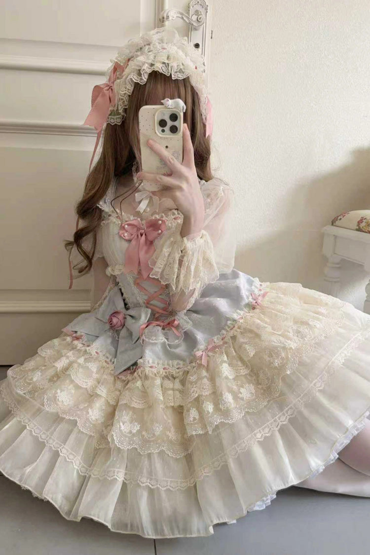 Blue [Rose Canticle] Sleeveless Multi-Layered Bowknot Lace Lace-Up Pearl Ballet Sweet Lolita Jsk Dress - Product - 5