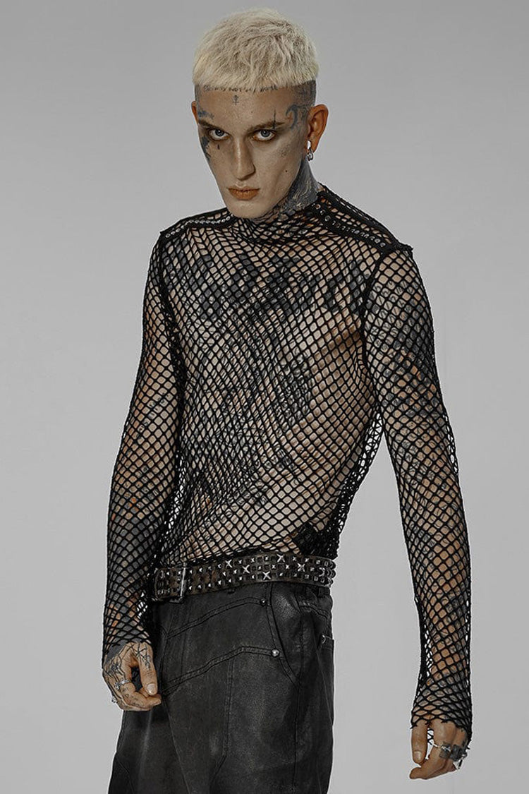 Black Punk Mesh See Through Sexy Long Sleeve Men's T-Shirt - Product - 2