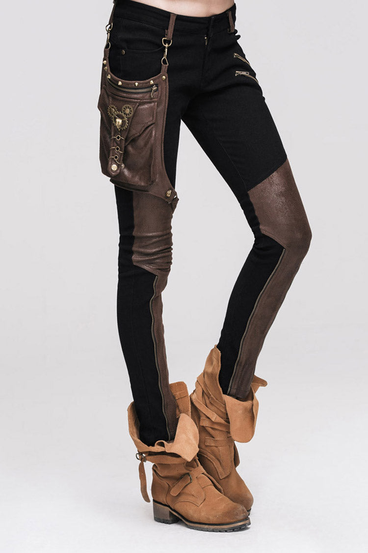 Punk Black Metal Ring Decoration Brown Leg Bag Twill Women's Pants - Product - 3