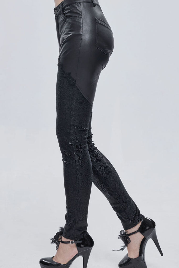 Black Gothic Metal Rose Button Leather Lace Panel Slim Fit Women's Long Pants - Product - 9
