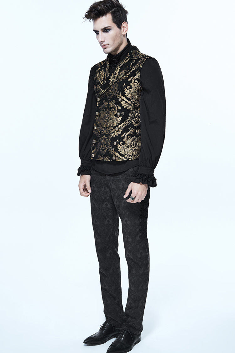Black/Gold Short Big Jacquard Pattern Men's Gothic Waistcoat - Product - 3
