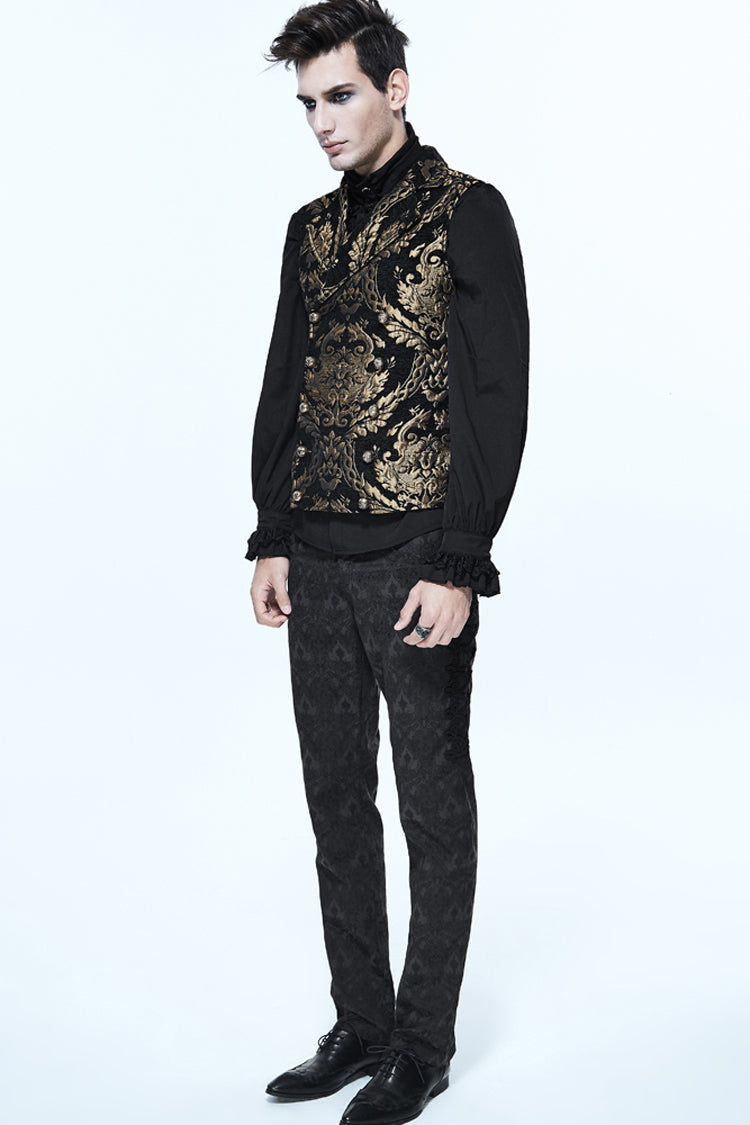 Black/Gold Short Big Jacquard Pattern Men's Gothic Waistcoat - Product - 3