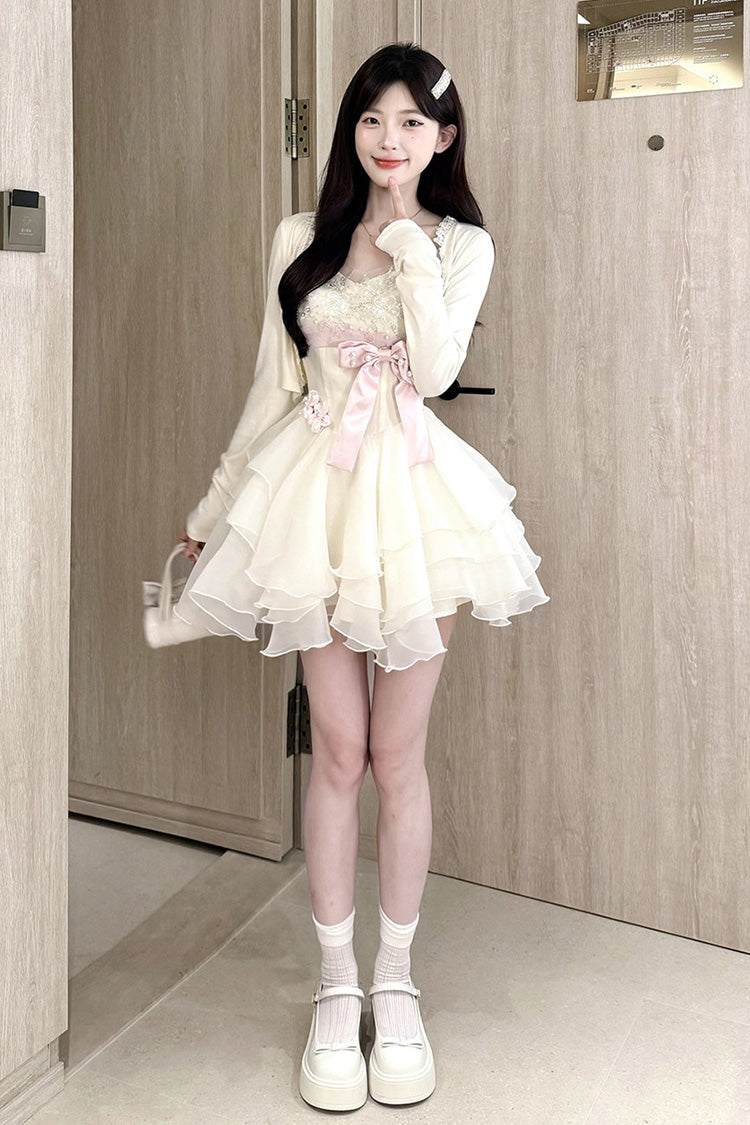 Ivory [Radiant Heiress] Sleeveless Multi-Layered Ruffled Embroidered Bow Pearl Detail Sweet Lolita Jsk Dress - Product - 2