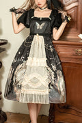 Vintage Elegant Lace Square Collar Bubble Short Sleeves Time Butterfly Print High Waisted Sweet (Dress Only) front view