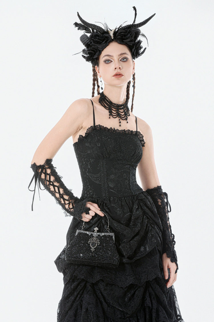 Black Sleeveless Multi-Layered Embroidered Women's Gothic Peplum Court Slip Dress - Product - 6