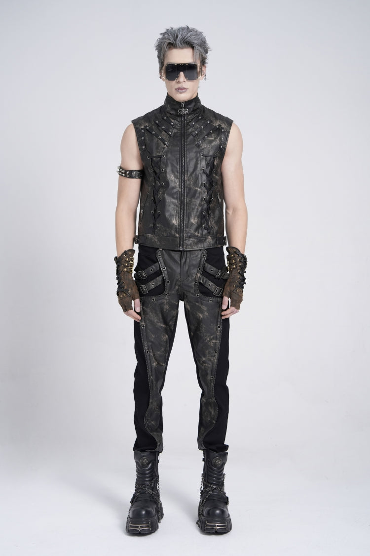 Black Stand Collar Sleeveless Strappy Stitching Zipper Men's Gothic Vest - Product - 7