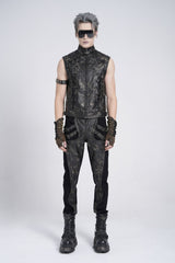 Black Stand Collar Sleeveless Strappy Stitching Zipper Men's Gothic Vest - Product - 7