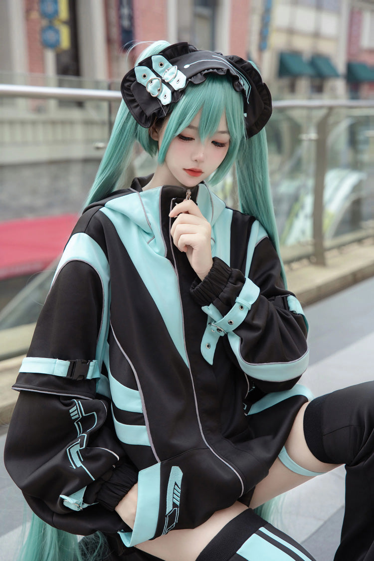 Black/Blue [Cyber Phantom] Hatsune Miku Long Sleeves Print Jirai Kei Cool Coat - Product - 4