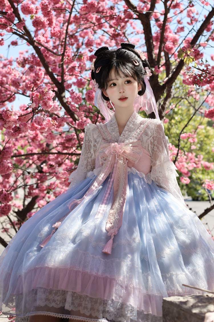 [Peach Blossoms in Spring Fields] Sleeveless Ruffle Bowknot Lace Sweet Chinese Style Lolita Jsk Dress 3 Colors - Product - 19