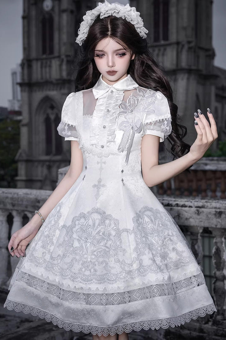White Lapel Collar Short Sleeves Printed Ruffled Lace Classic Gothic Elegant Lolita Dress - Product - 10