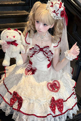 White [Polka-Dot Love Letter] Sleeveless Double-Layered Bowknot Lace Pearl Sweet Lolita Jsk Dress - Product - 8