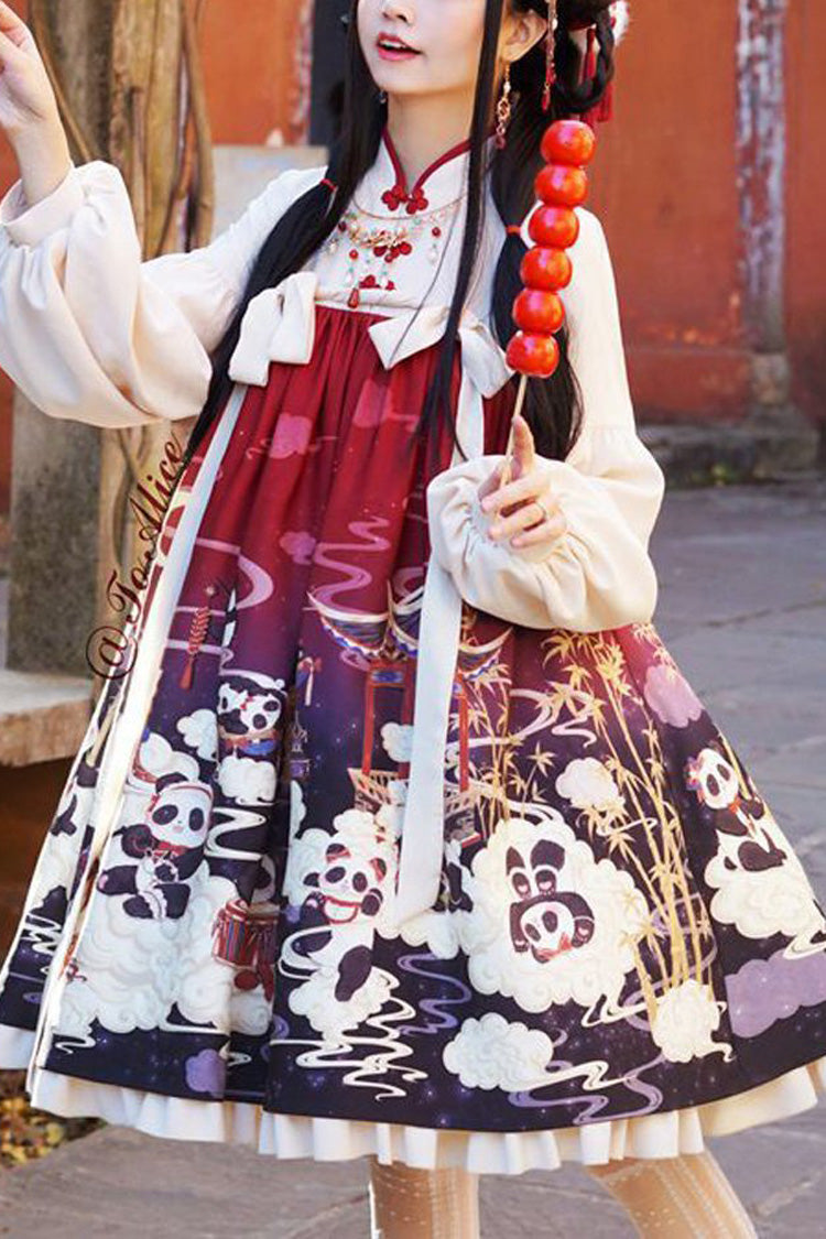 Panda Print Chinese Style Sweet Lolita OP Dress - Black/Red - 1