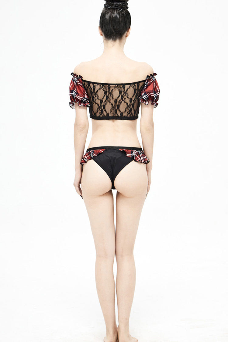 Red Chest Lace-Up Scottish Plaid Back Translucent Lace Women's Punk Swimsuit Blouse - Product - 7