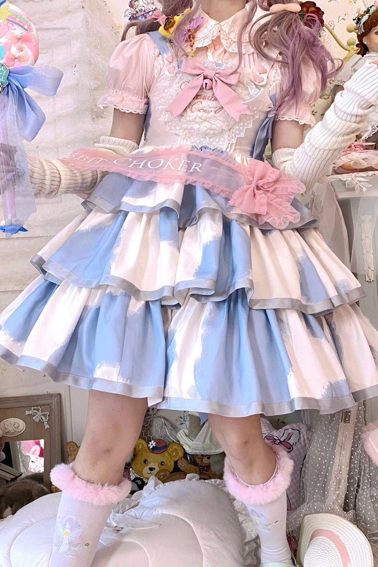 Blue Sleeveless Triple-Layered Cow Print Ruffle Bowknot Sweet Lolita Jsk Dress - Product - 9