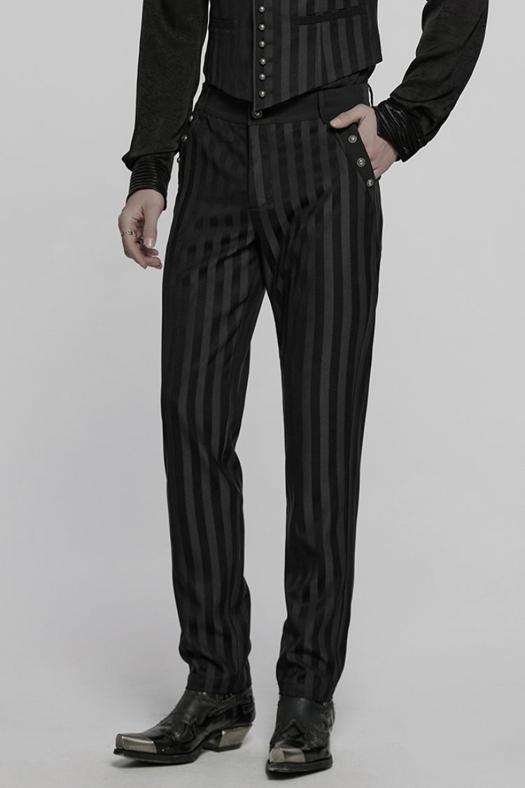 Black High Waisted Striped Print Men's Gothic Suit Pants - Product - 2
