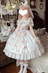 White/Pink [Snow of Love] Ruffled Hanayome Open-Front Bow Lace Sweet Princess Lolita Dress - Product - 4