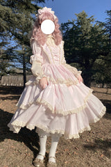 Pink Lapel Collar Long Sleeves High Waisted Multi-layer Bowknot Sweet Lolita Dress - Product - 2