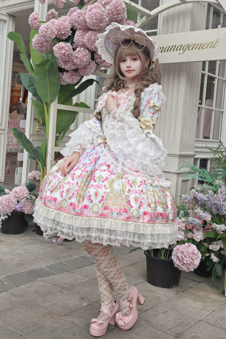 Blue/Pink [Rose Garden Prelude] Square Collar Long Trumpet Sleeves Printed Ruffled Bow Lace Lace-Up Sweet Lolita Dress - Product - 2