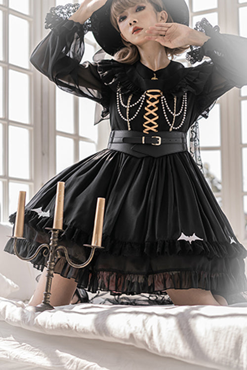 Black Round Collar Ruffled Lantern Sleeves High Waisted Trainee Witch Sweet Lolita Dress - Product - 5