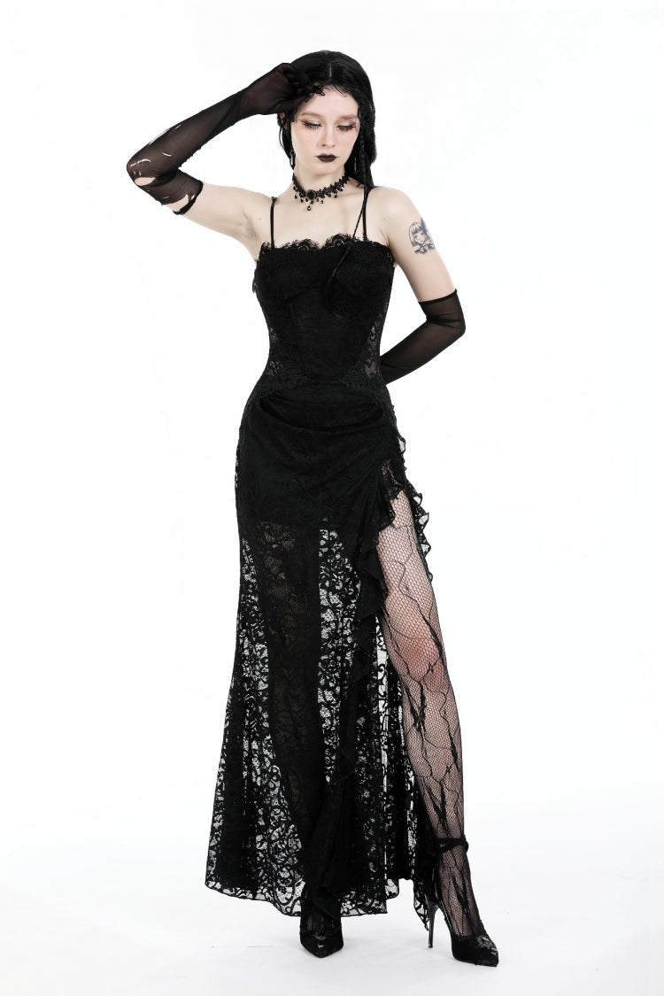 Black Sleeveless Side Slit Ruffled Lace Lace-Up Women's Gothic Maxi Slip Wedding Dress - Product - 9