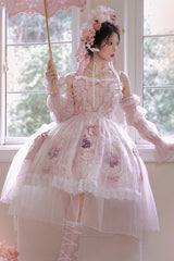 Pink [Rose Window] Print Ruffle Bowknot Lace Sweet Elegant Princess Lolita Jsk Dress - Product - 2