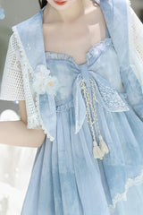 Blue [Clouds Resting in the Wilderness] Print Ruffle Embroidery Bowknot Lace Irregular Lolita Jsk Dress - Product - 10