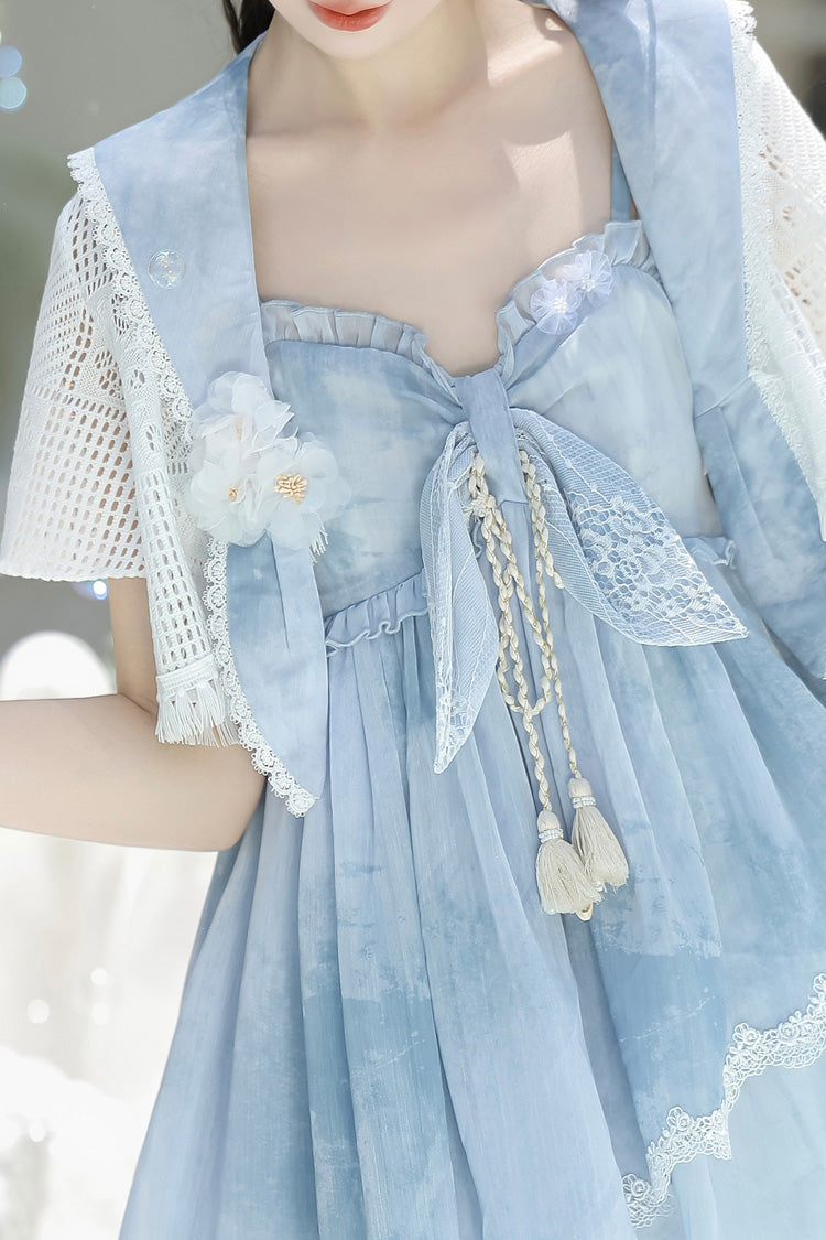 Blue [Clouds Resting in the Wilderness] Print Ruffle Embroidery Bowknot Lace Irregular Lolita Jsk Dress - Product - 10