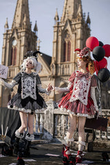 Red [Letters and Poems · Doll Mask] Poker Clown Long Sleeves Ruffled Bow Gothic Lolita Dress Set - Product - 4