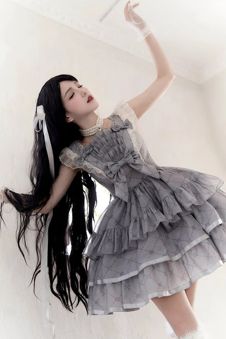 Grey Sleepless Dreams Multi-layer Print Ruffle Bowknot Sweet Elegant Lolita Jsk Dress - Product - 5