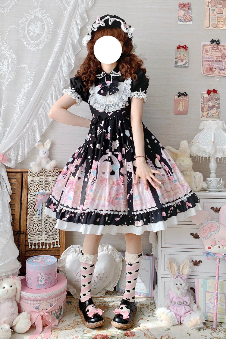 Black/Pink Cute Cat Print High Waisted Ruffle Bowknot Sweet Princess Lolita JSK Dress - Product - 8