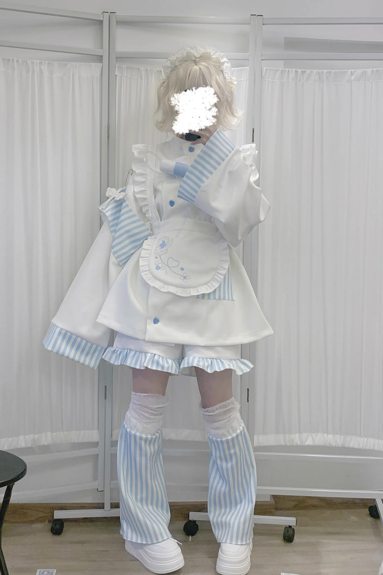 White/Blue Medical Angel Long Sleeves Print Loose Sweet Jirai Kei Japanese Set - Product - 2