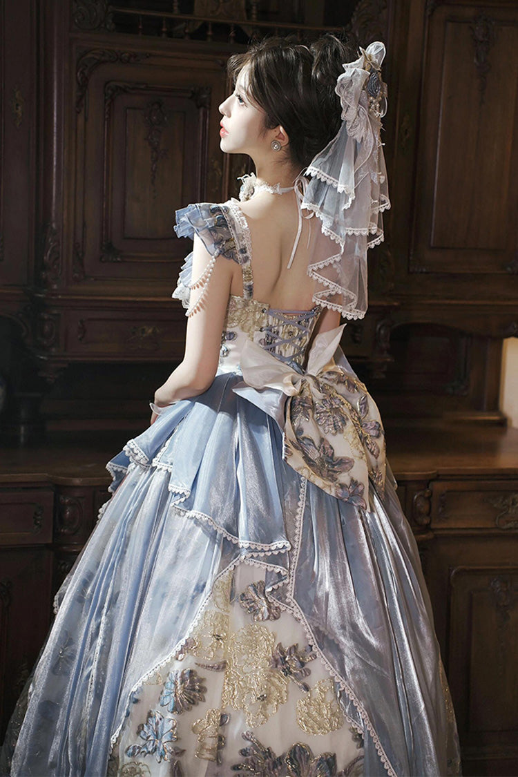 Blaues, schulterfreies Jacaranda-Kleid mit kurzen Ärmeln, bedruckt, mit Rüschen, bestickter Schleife, Schnürung, süße, elegante Prinzessin (Kleid einzeln), Detailansicht 5