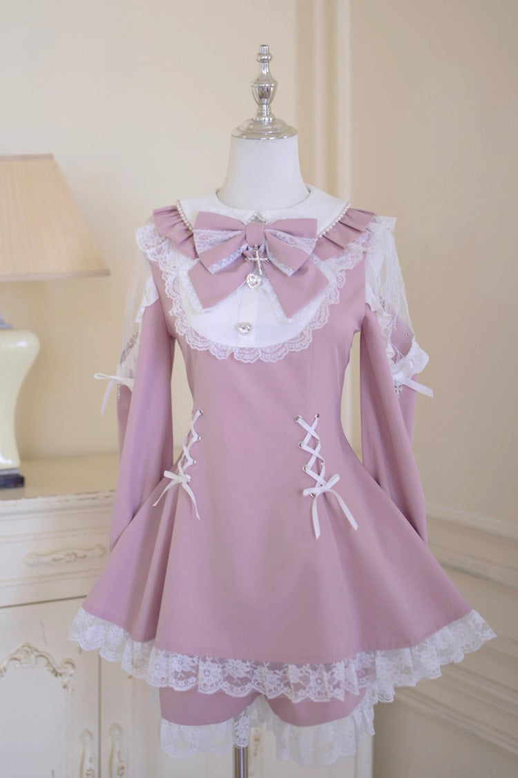 Pink/White [Divine love] Long Sleeves Hollow Bowknot Lace Lace-Up Sweet Jirai Kei Dress Shorts Set - Product - 3