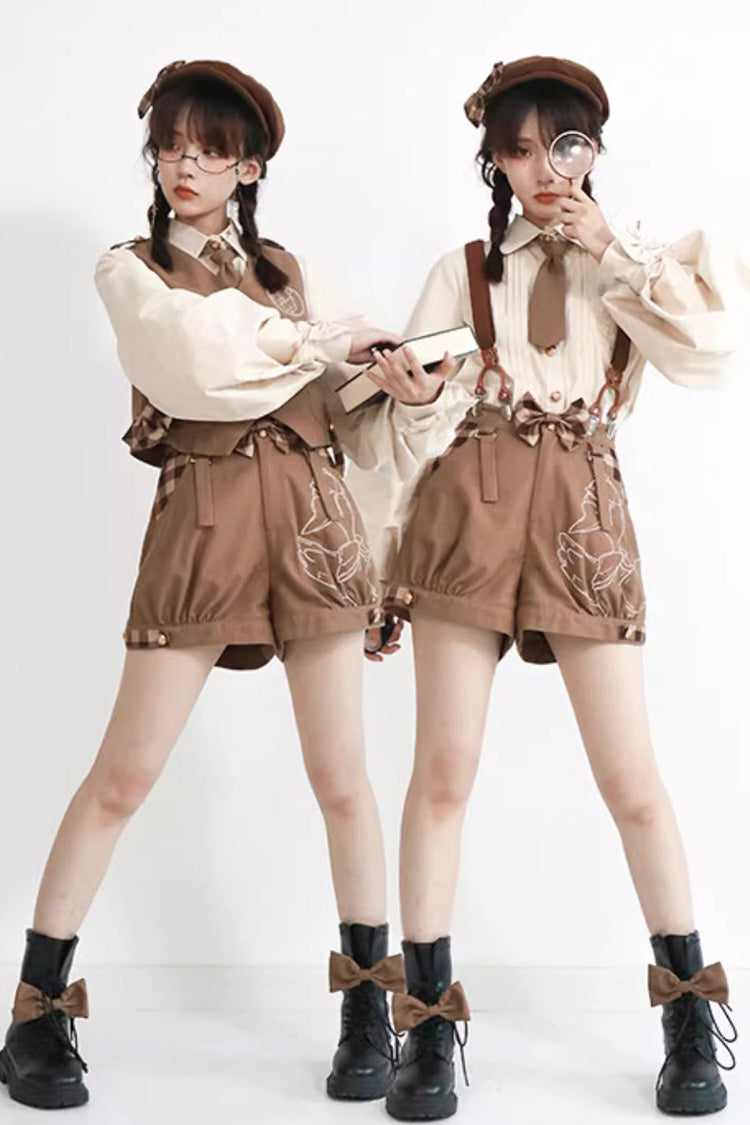 Brown Detective Goose Rivet Buttons Ouji Lolita Shorts - Product - 4