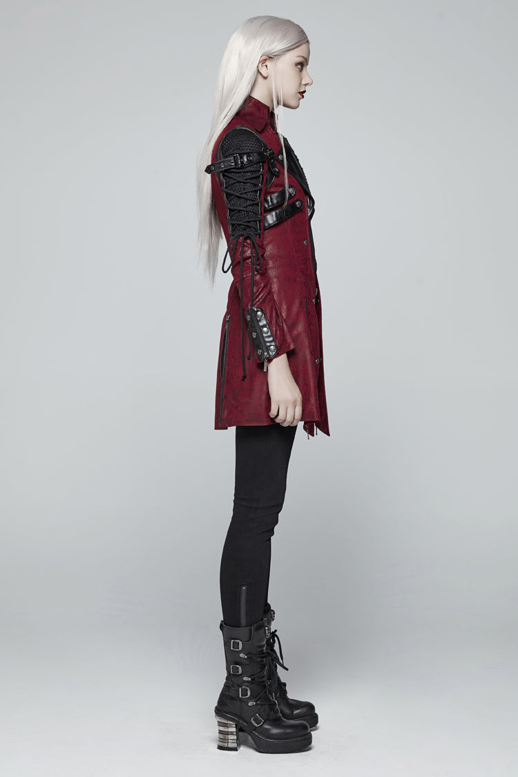 Red Metal Buckle Decoration Zipper Womens Steampunk Windbreaker Coat - Product - 2