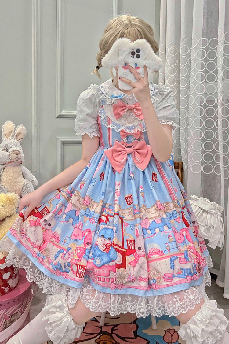 Blue/Pink Doll Playground Print Ruffle Bowknot Sweet (Dress Only) detail view 3