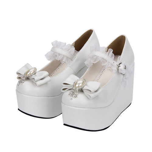 White Elegant Bride Bowknot Ornament High Heel Classic Lolita Shoes - White - 1