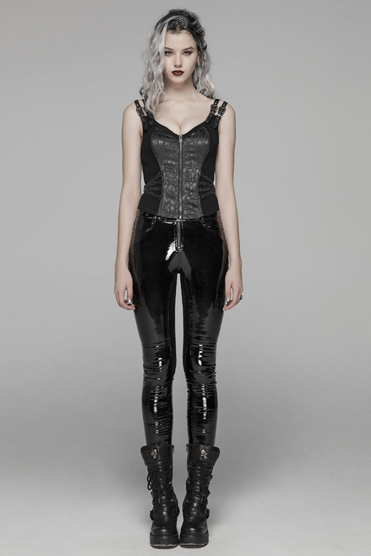 Steampunk Sleeveless Jacquard Print Metal Buckle Strap Metal Zipper Hollow Lace-Up Women's Vest 4 Colors - Product - 4