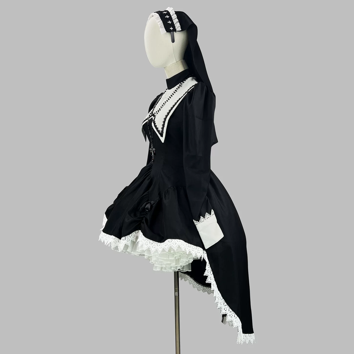 Black Gothic Ruffled Lolita Dress with Cross and Lace Trim - view 3