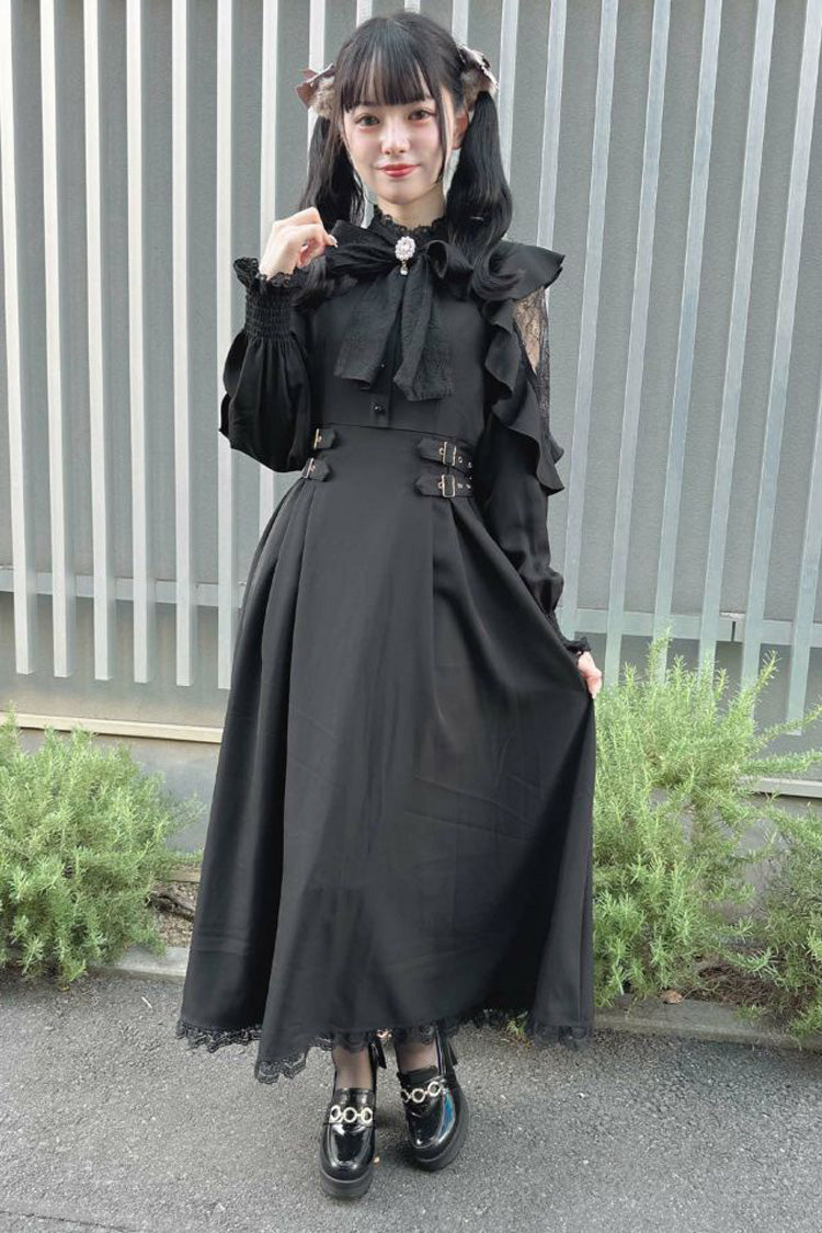Black Stand Collar Off Shoulder Long Sleeves Hollow Bowknot Slim Jirai Kei Japanese Dress - Product - 5