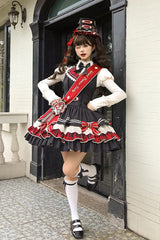 Black [Honor Guard Gala] V Collar Multi-Layered Printed Ruffled Bow Classic Gothic College Style Lolita Jsk Dress - Product - 13
