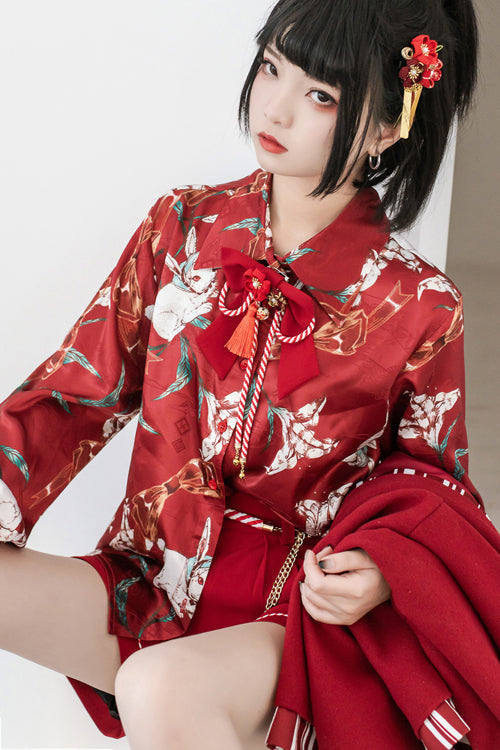 Red Original Lily Rabbit Print Lapel Collar Long Sleeves Ouji Lolita Blouse - Product - 3