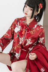 Red Original Lily Rabbit Print Lapel Collar Long Sleeves Ouji Lolita Blouse - Product - 3