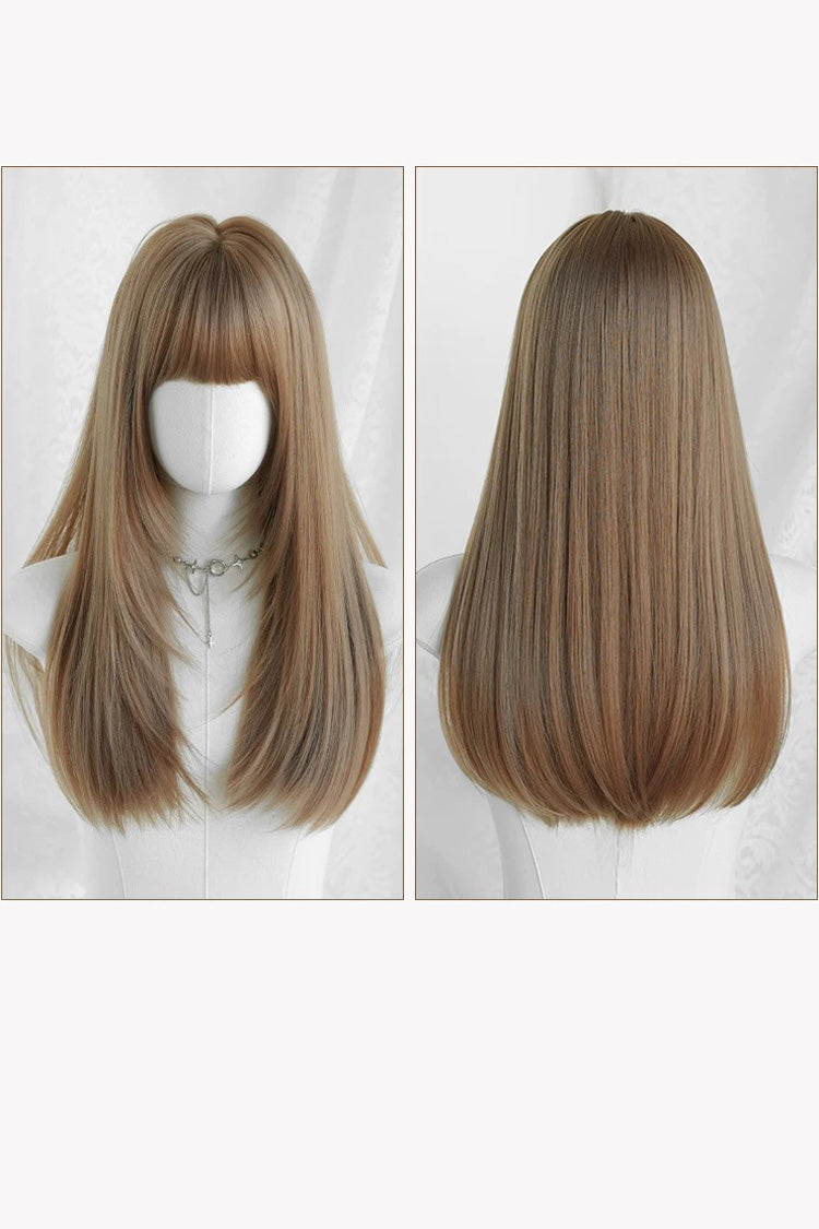 Korean Daily Sweet Style Flaxen Brown Long Layered Straight Lolita Wig with Airy Full Bangs - Product - 8