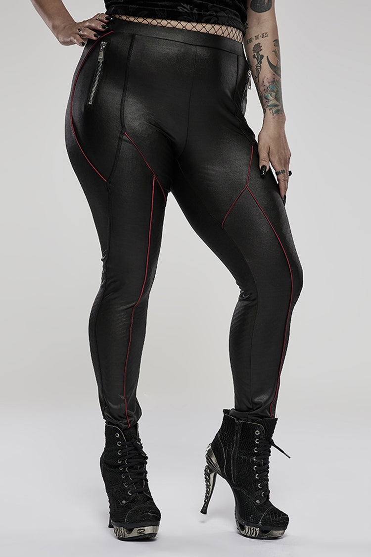 Red/Black Slim Side Zipper Elastic Fashion Hip-Lifting Thin Punk Women's Leggings - Red/Black - 1