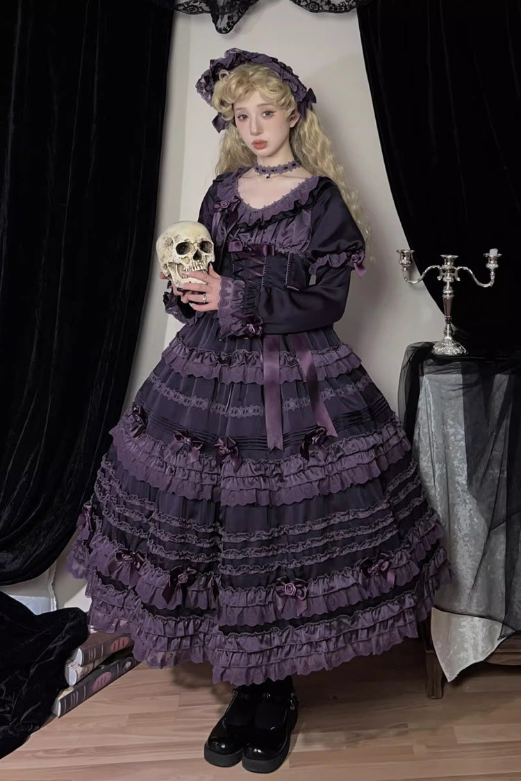 Purple Layered Blackcurrant Short Sleeves Ruffle Bowknot Lace Sweet (Set) detail view 5