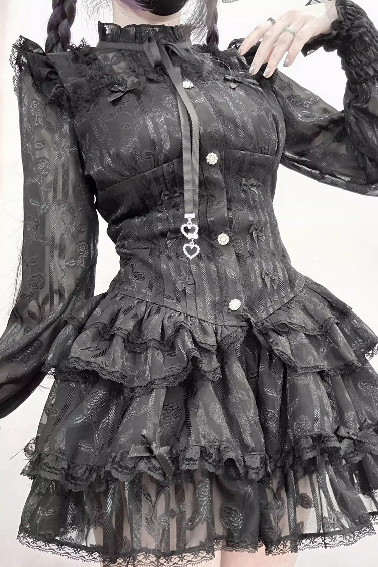 [Rose Bible] Long Sleeves Triple-Layered Multi-Layered Jacquard Ruffled Lace-Up Gothic Jirai Kei Japanese Blouse and Pumpkin Shorts Set 2 Colors - Product - 12