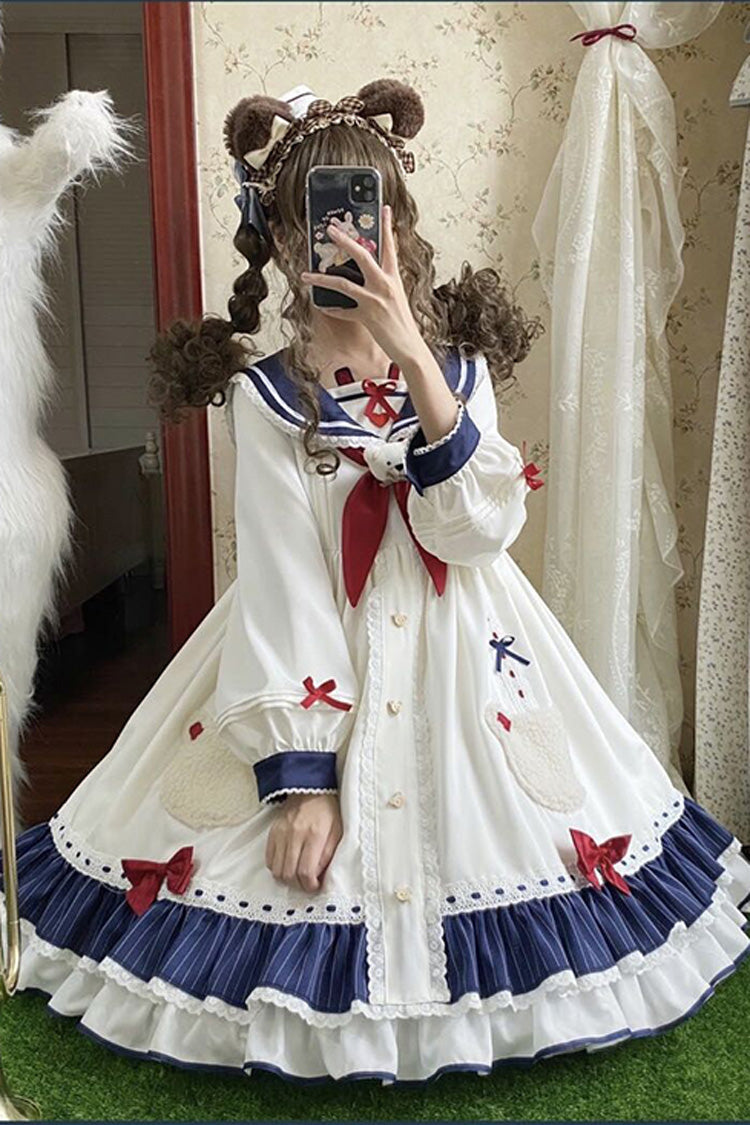 White College Style Navy Collar Chiffon Sea White Bear Print Bowknot Ruffled Sweet Lolita OP Dress - Product - 6