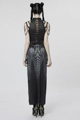 Black Print Lace-Up Side Slit Women's Gothic Dress with Chain - Product - 3